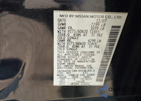 2008 Infiniti Qx56 z USA, uszkodzony, nr VIN 5N3AA08C38N908363